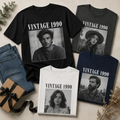 Personalized vintage photo shirts with custom year in black, dark gray, navy and white