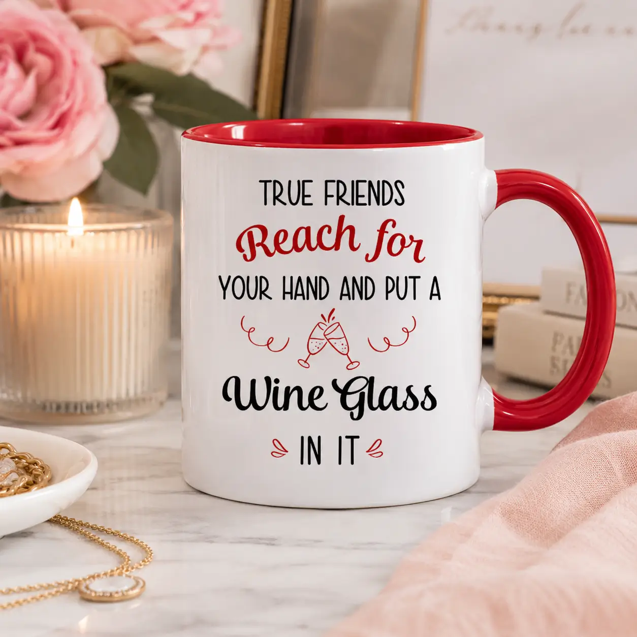 Back of personalized best friends mug featuring a funny friendship and wine quote