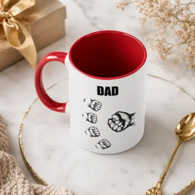 White and red personalized Dad fist bump mug featuring custom children’s names and a choice of Dad nickname