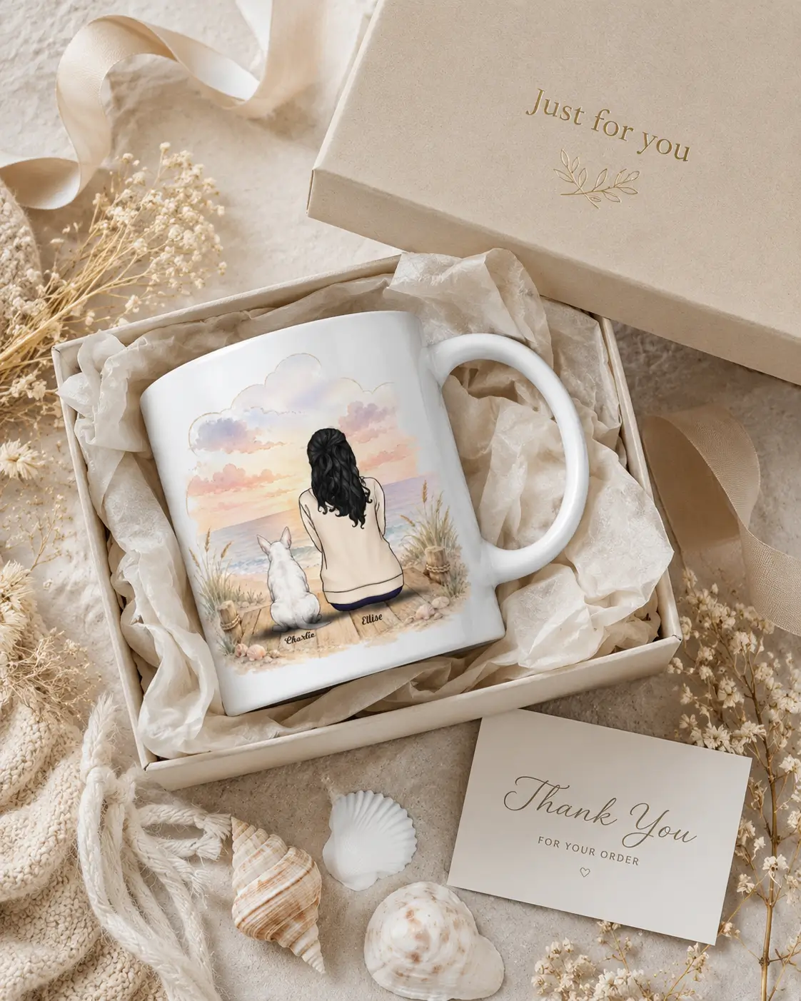 Custom pet mug featuring a black-haired woman and a personalized white dog by the ocean