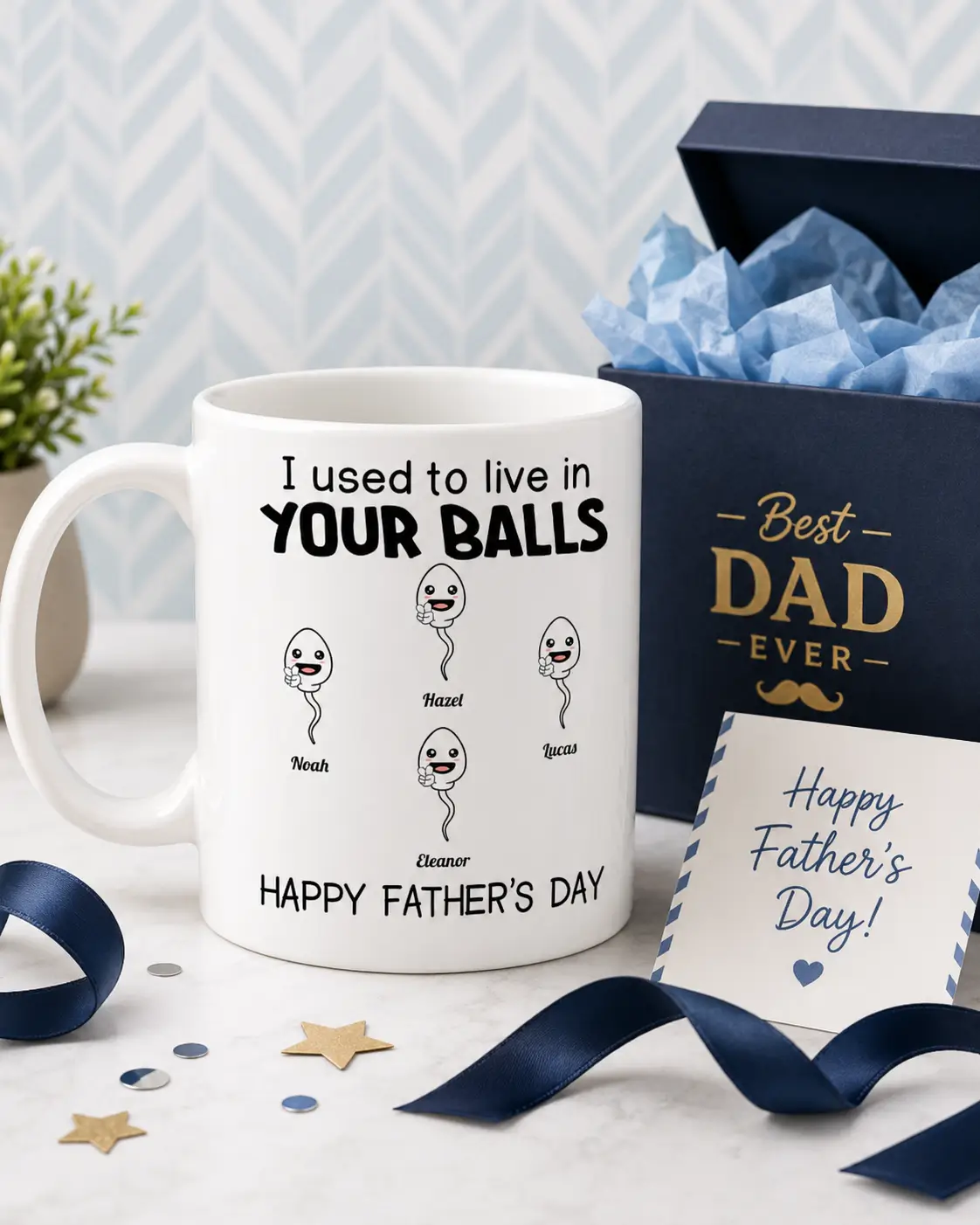 Funny Father’s Day Mug Mockup with Blue Gift Box