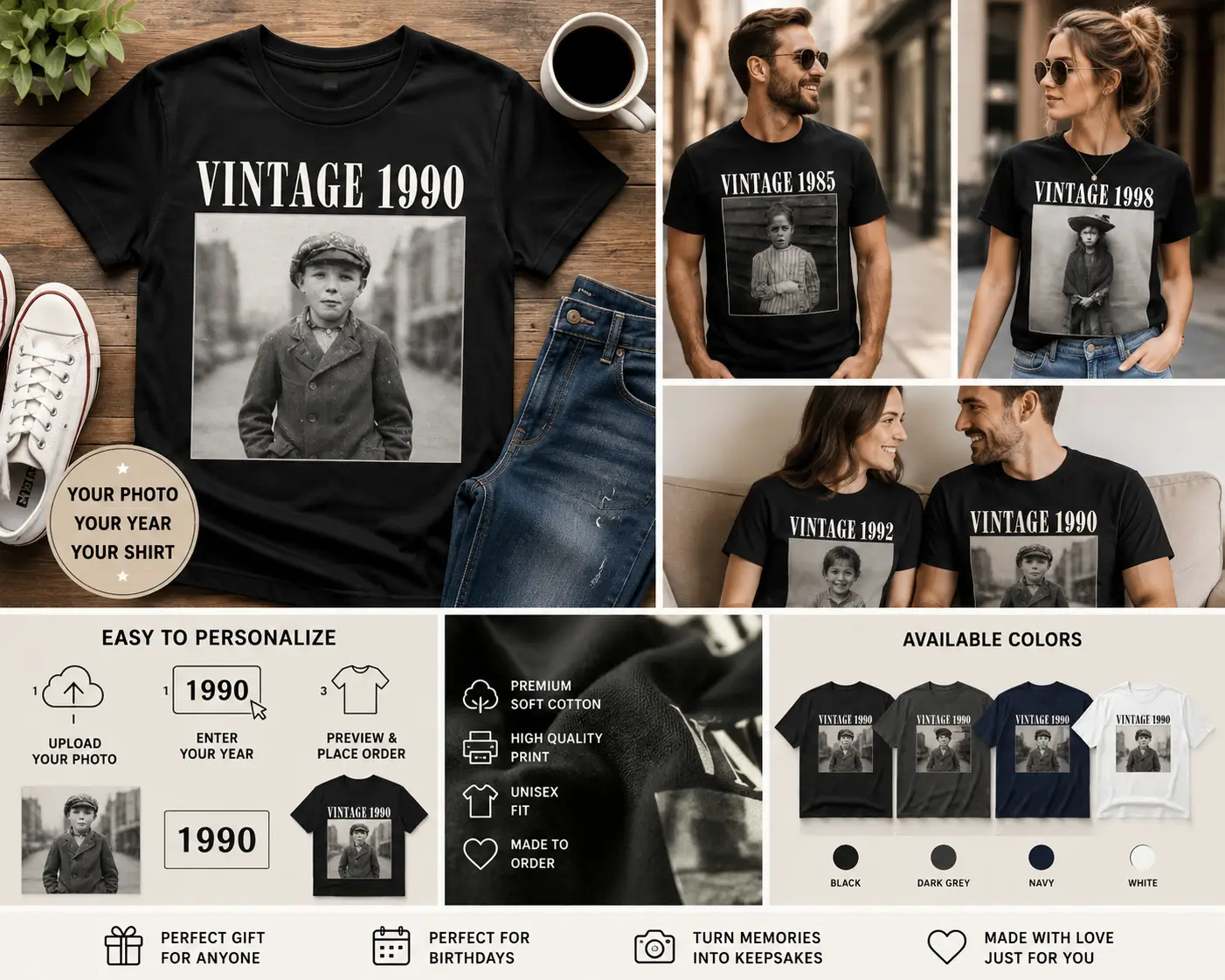 personalised vintage photo and year shirt