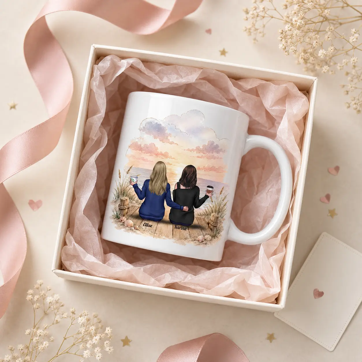 Personalized best friend mug with custom names arranged inside a cream gift box with pink ribbon