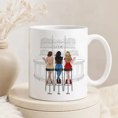 Personalized best friends mug with four custom women, hairstyles, outfits, skin tones and names