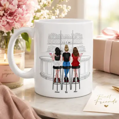 Personalized best friends mug with four custom women, hairstyles, outfits, skin tones and names