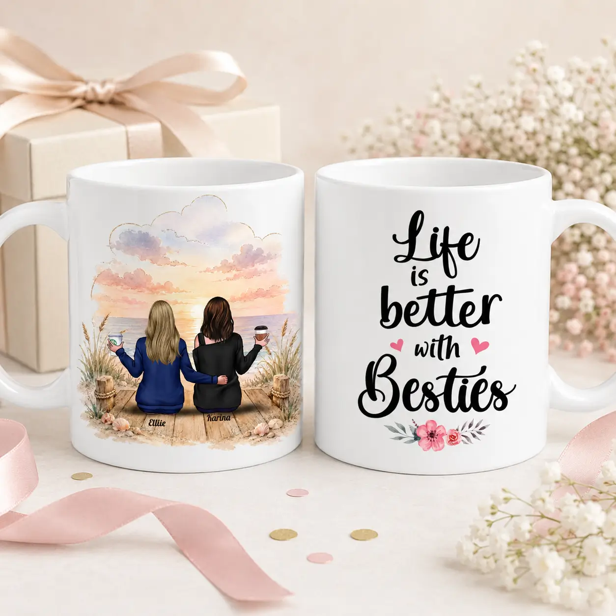 Personalized best friends mug showing custom two-friend artwork on one side and Life is Better with Besties quote on the other