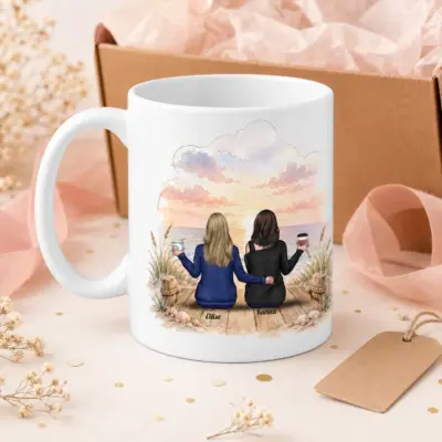 Personalized best friends mug with custom names displayed beside a pink gift box
