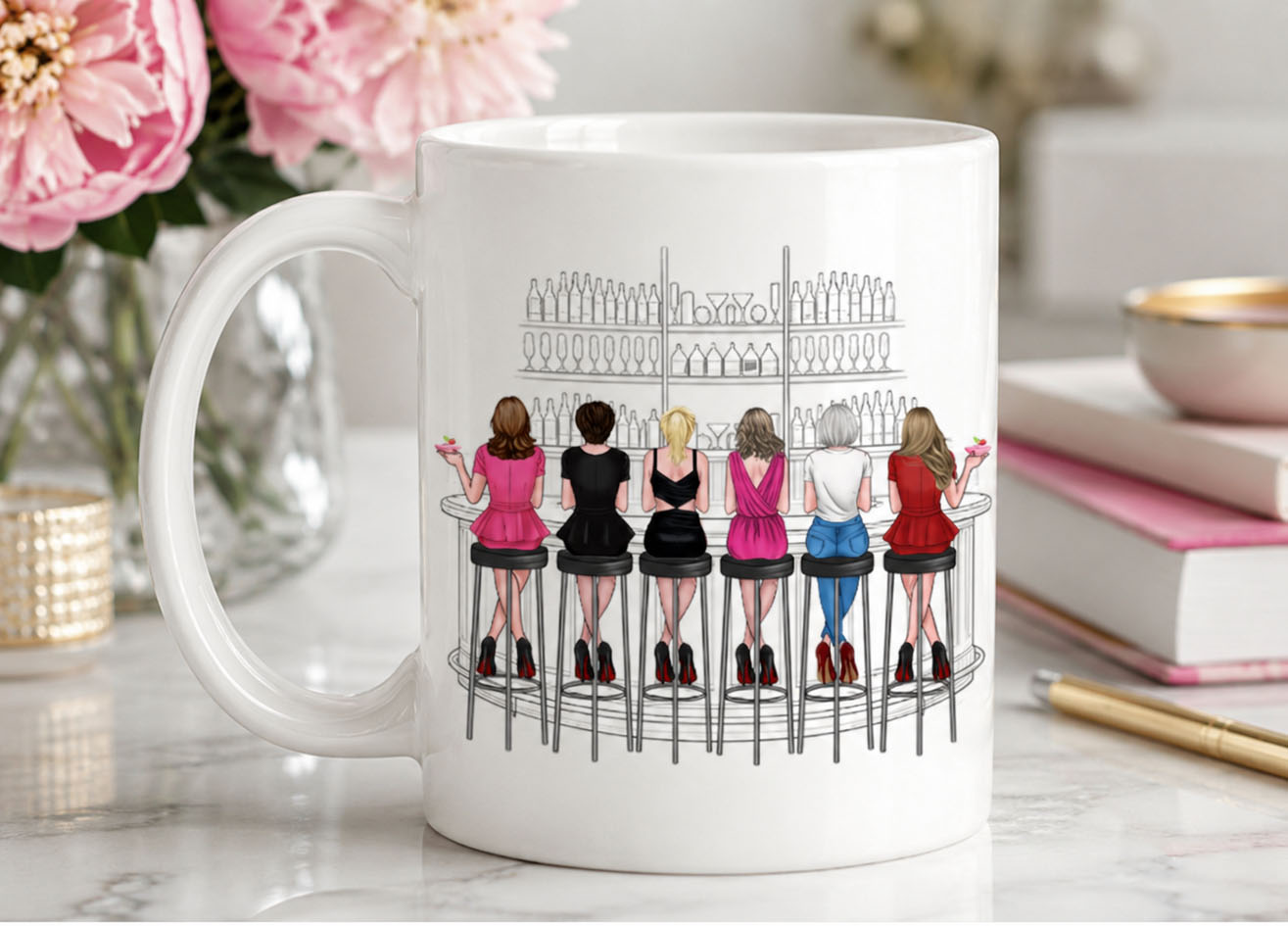 Personalized best friends mug featuring six women sitting at a bar