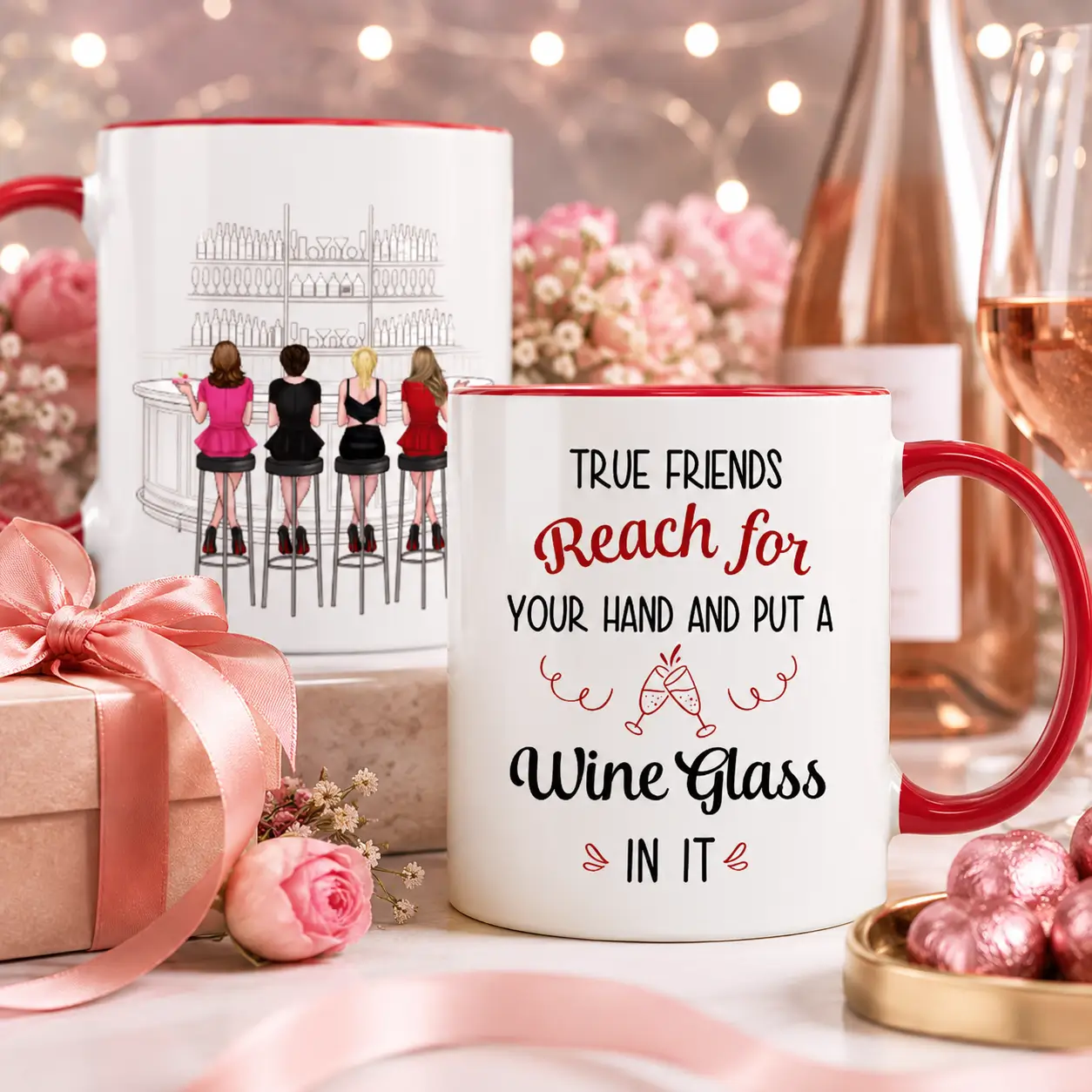 Personalized bestie mug with red handle, custom women illustration and friendship quote