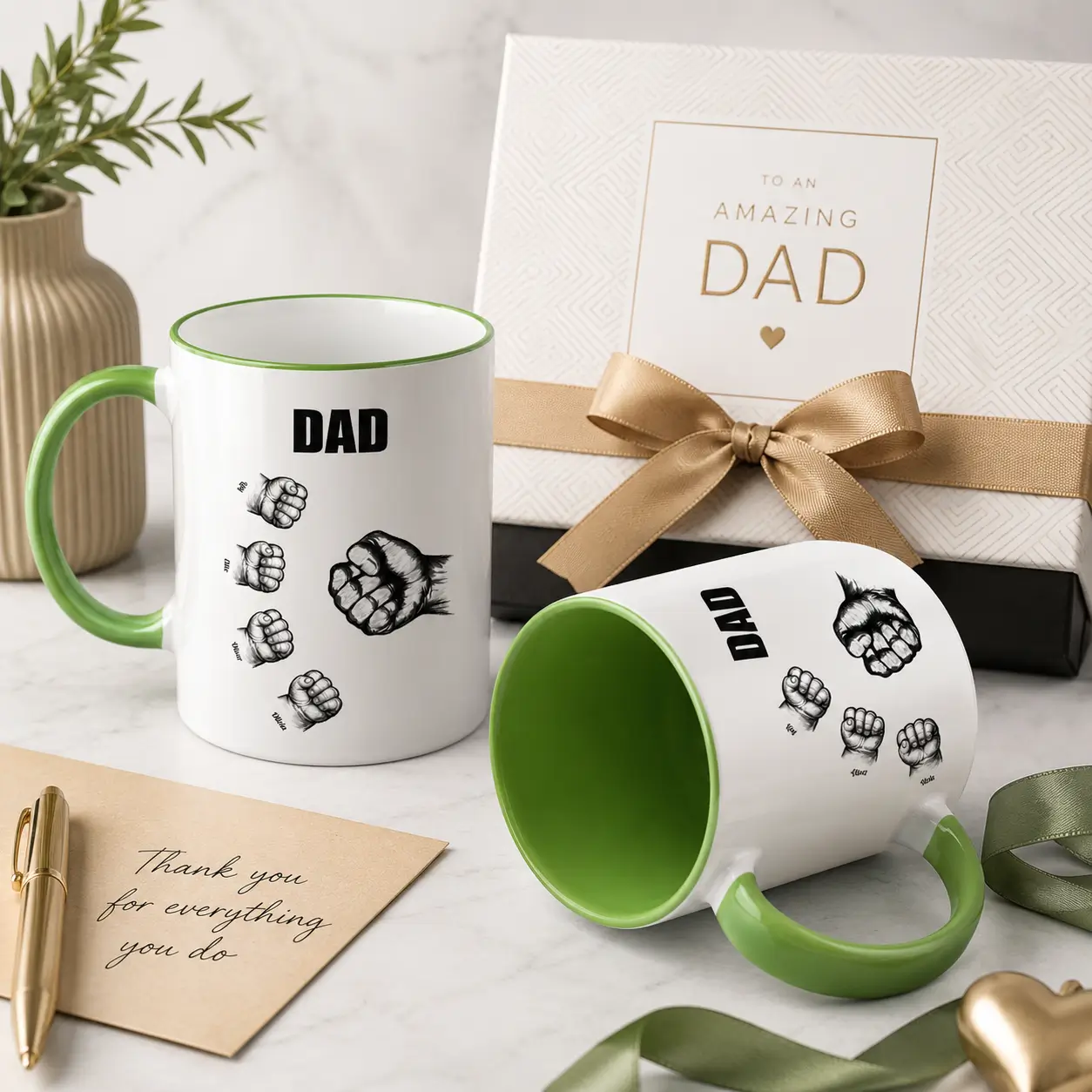 Personalized Dad mug with custom nickname, selectable number of kids and individual children’s names, displayed with a gift box