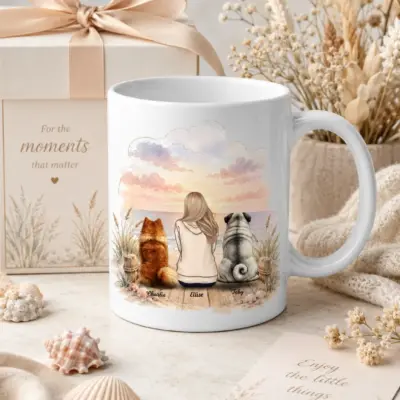 Personalized dog mom mug featuring a blonde woman and two custom dogs at a beach sunset