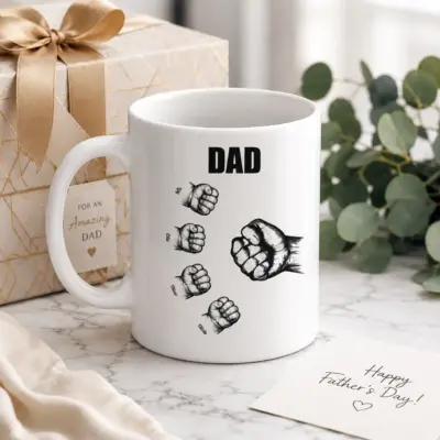 Personalized white Dad mug with a large father fist, multiple child fists, custom kids’ names and an elegant gift box