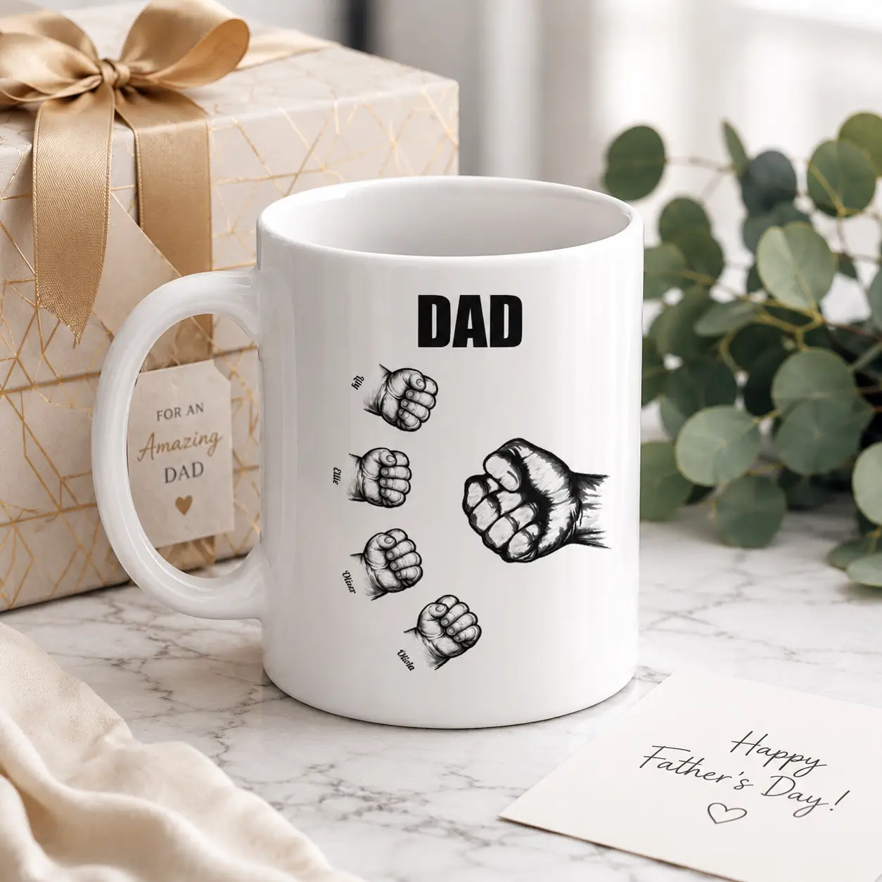 Personalized white Dad mug with a large father fist, multiple child fists, custom kids’ names and an elegant gift box