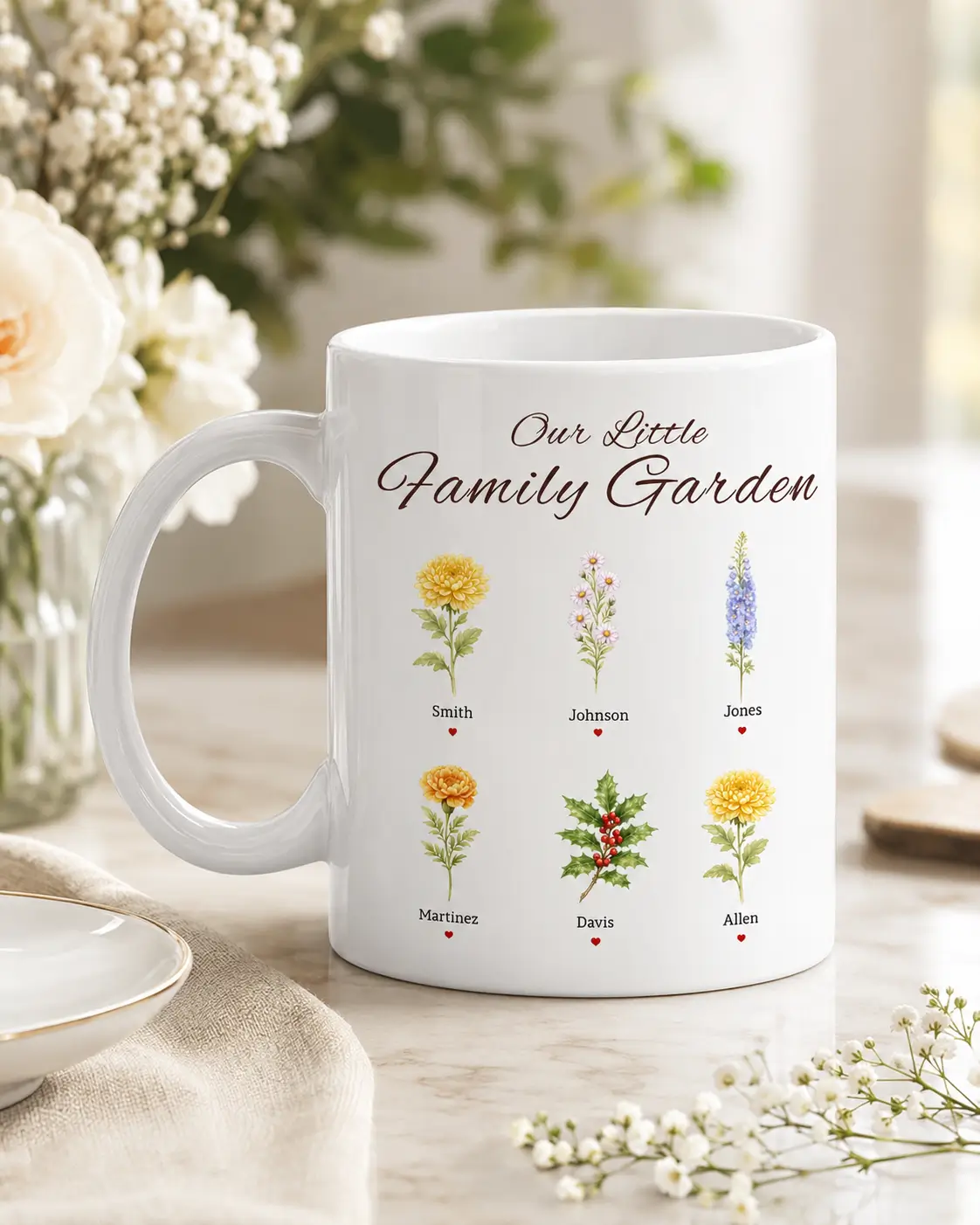 White personalized ceramic mug with six family birth flowers, individual names and Our Little Family Garden lettering