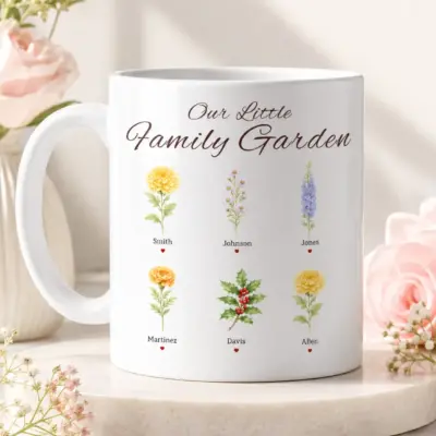 Personalized white family mug featuring six birth month flowers, custom names and Our Little Family Garden design