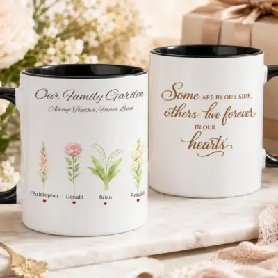 Personalized black handle mug with four family birth flowers, custom names, memorial symbols and a sentimental quote on the back