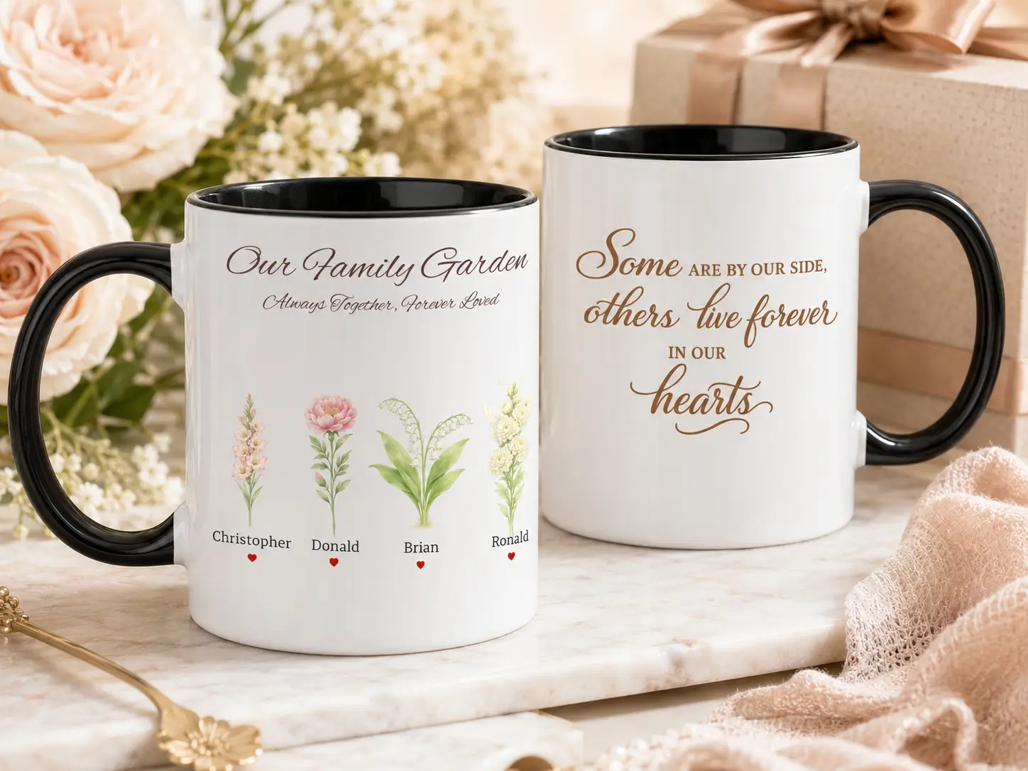 Personalized black handle mug with four family birth flowers, custom names, memorial symbols and a sentimental quote on the back
