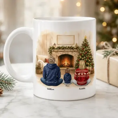 Custom Christmas mug featuring three personalized family members with names sitting together by a fireplace and decorated Christmas tree