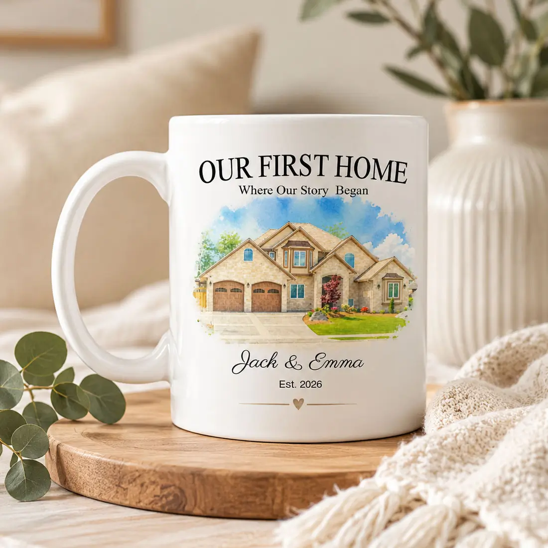Custom house portrait mug with watercolor home artwork, personalized couple names and first home date