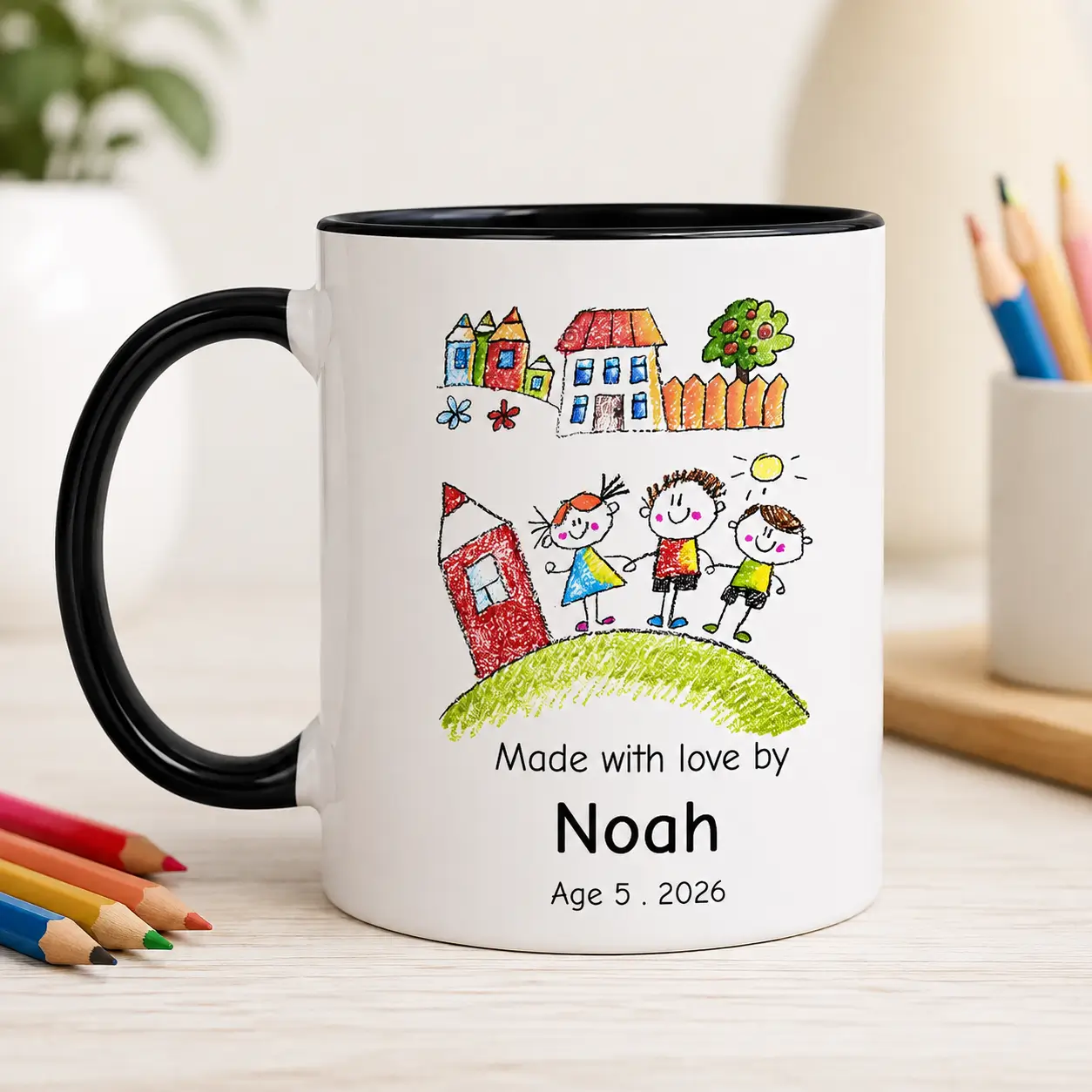Personalized kids artwork mug with custom name Noah, age 5 and year 2026