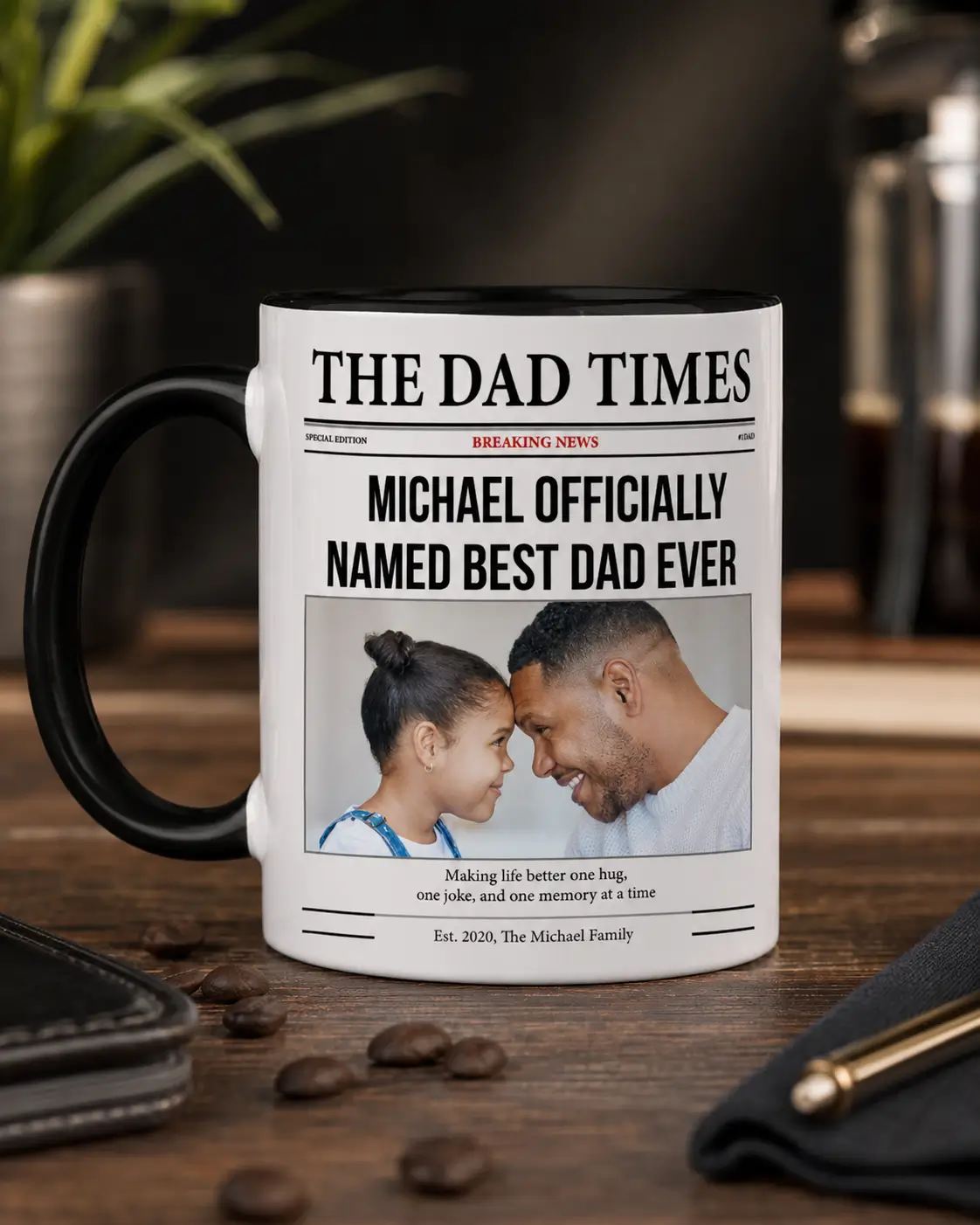 Custom photo Dad mug with black handle featuring The Dad Times personalized newspaper design