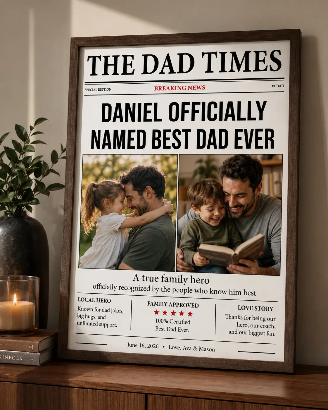 Custom photo poster for Dad with The Dad Times headline, two family photos, and personalized Father’s Day text