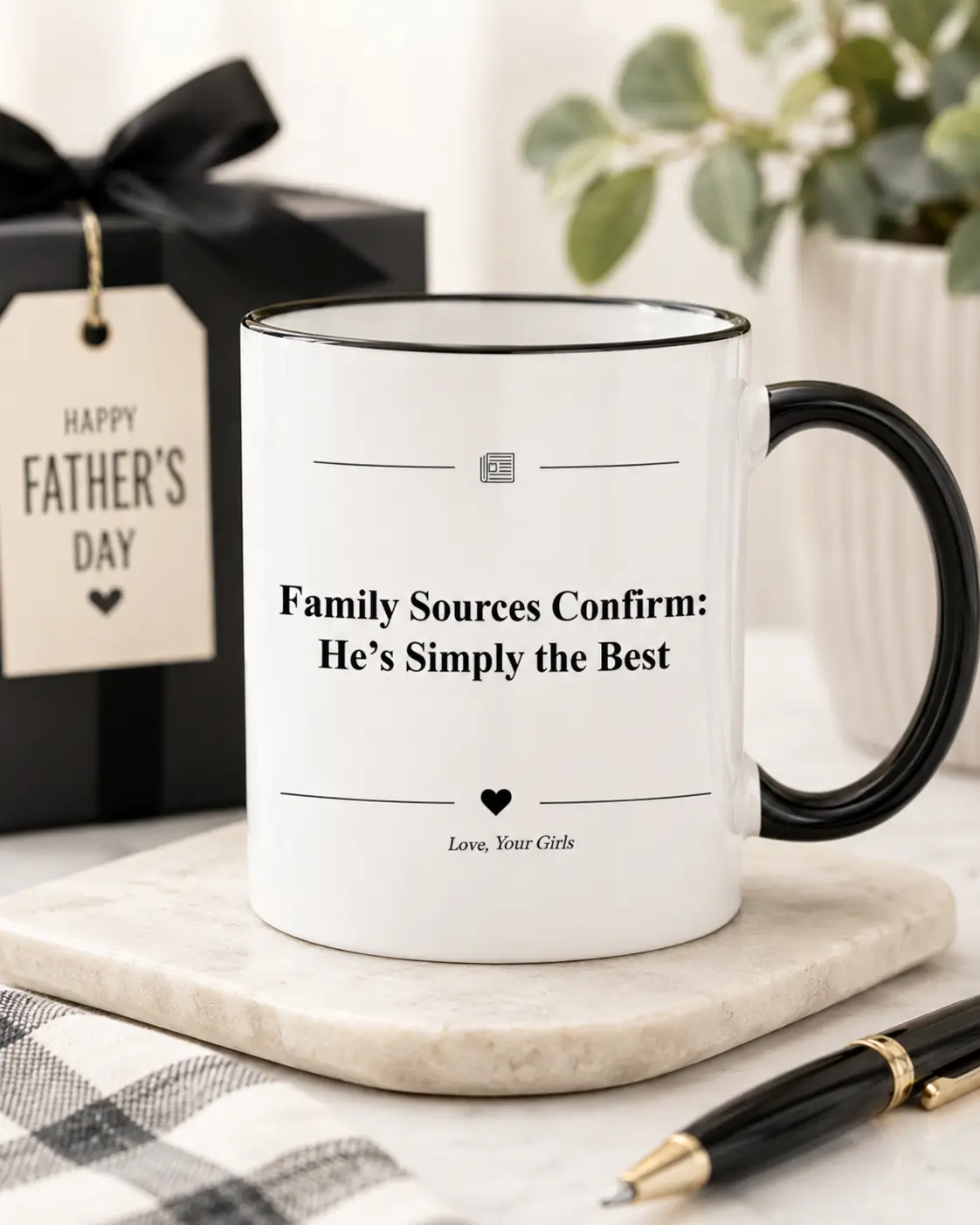 Personalized Dad mug with Family Sources Confirm He’s Simply the Best quote and custom gift from text