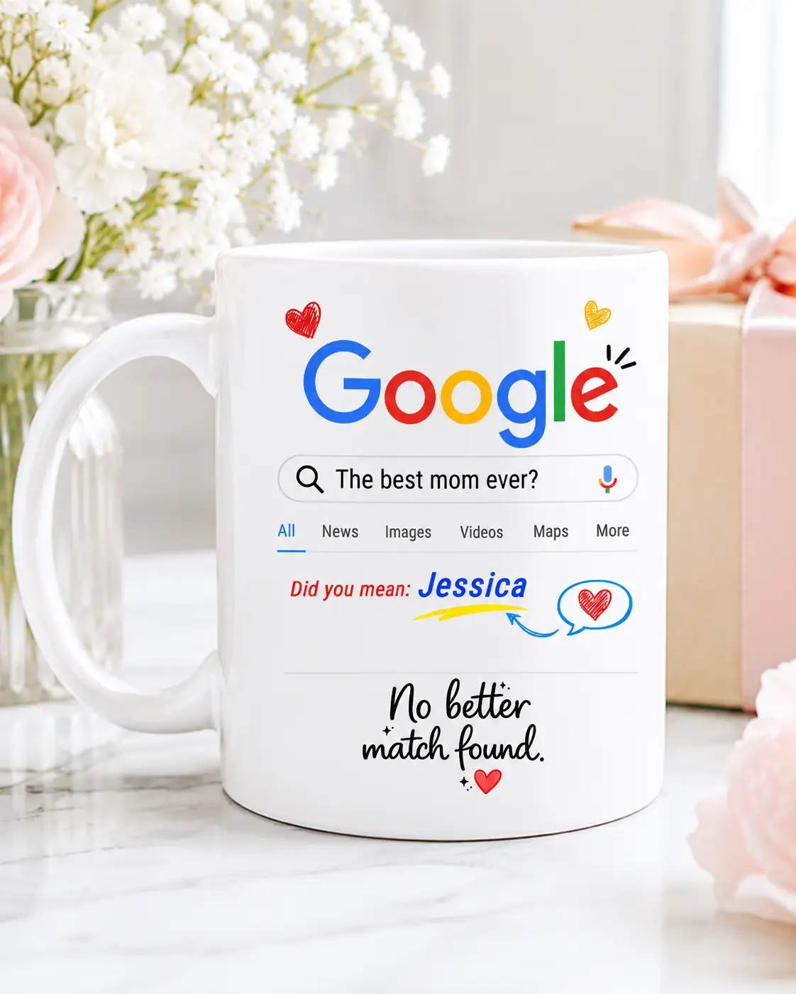 Personalized best mom ever mug with custom name Jessica and search-style design