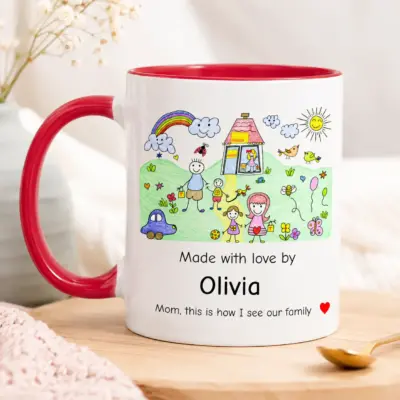 Custom child drawing family mug with personalized name Olivia and message for mom