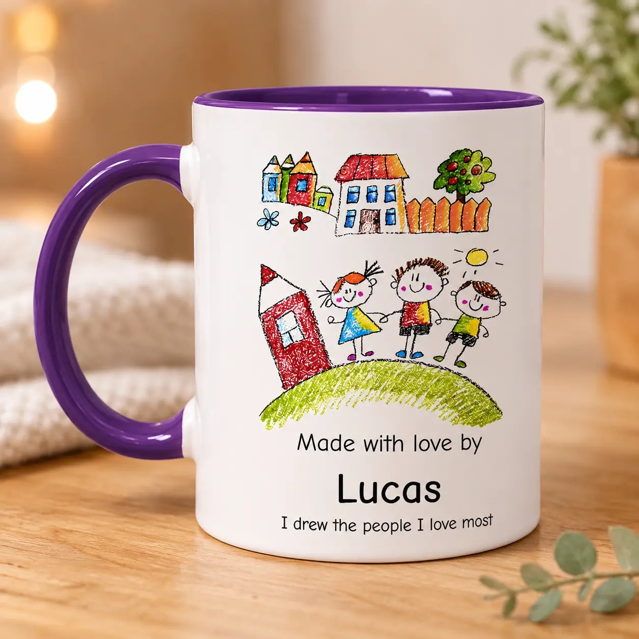 Custom children’s drawing mug with personalized name Lucas and family artwork