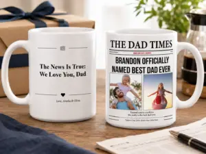 15oz personalized Dad mug with The Dad Times newspaper design, custom photos, and matching back quote for Father’s Day gift