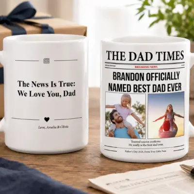 15oz personalized Dad mug with The Dad Times newspaper design, custom photos, and matching back quote for Father’s Day gift