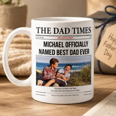 Personalized Dad photo mug with The Dad Times newspaper design and custom family photo