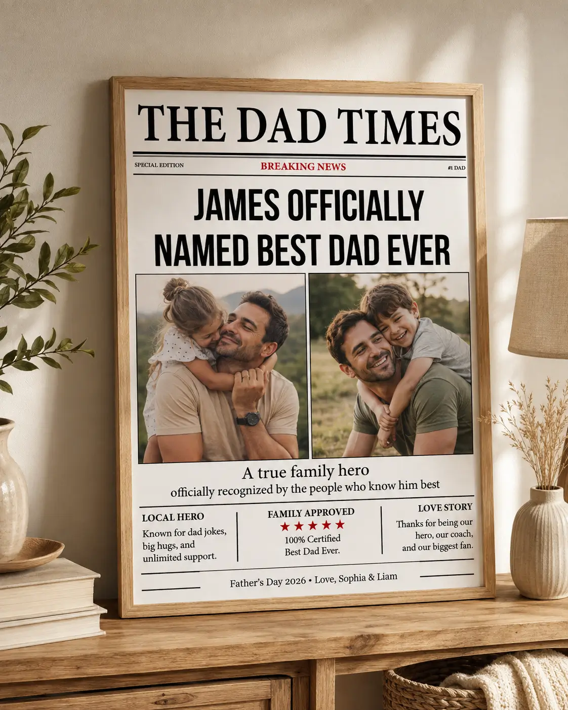 Personalized Dad poster with The Dad Times newspaper design, two custom family photos, and Father’s Day message