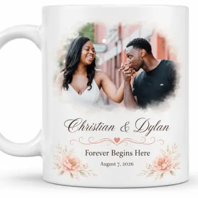 Custom engagement photo mug with couple portrait, Terry & Gerald names, Forever Begins Here text, and wedding date on a white ceramic mug