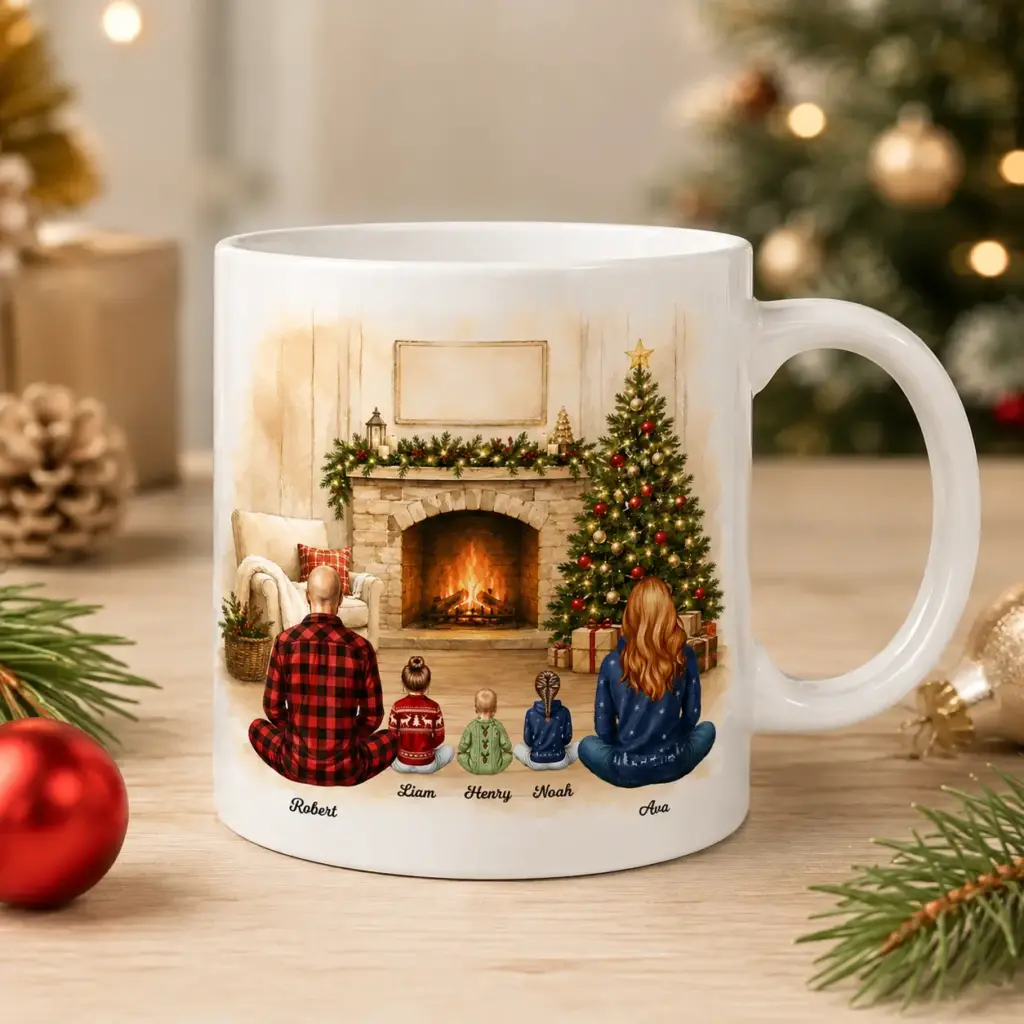 Personalized family Christmas mug with five custom family members and names sitting by a fireplace and Christmas tree