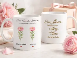 Two white personalized family garden mugs showing custom birth flowers and names on the front with a heartfelt quote on the back