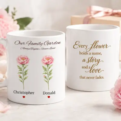 Two white personalized family garden mugs showing custom birth flowers and names on the front with a heartfelt quote on the back
