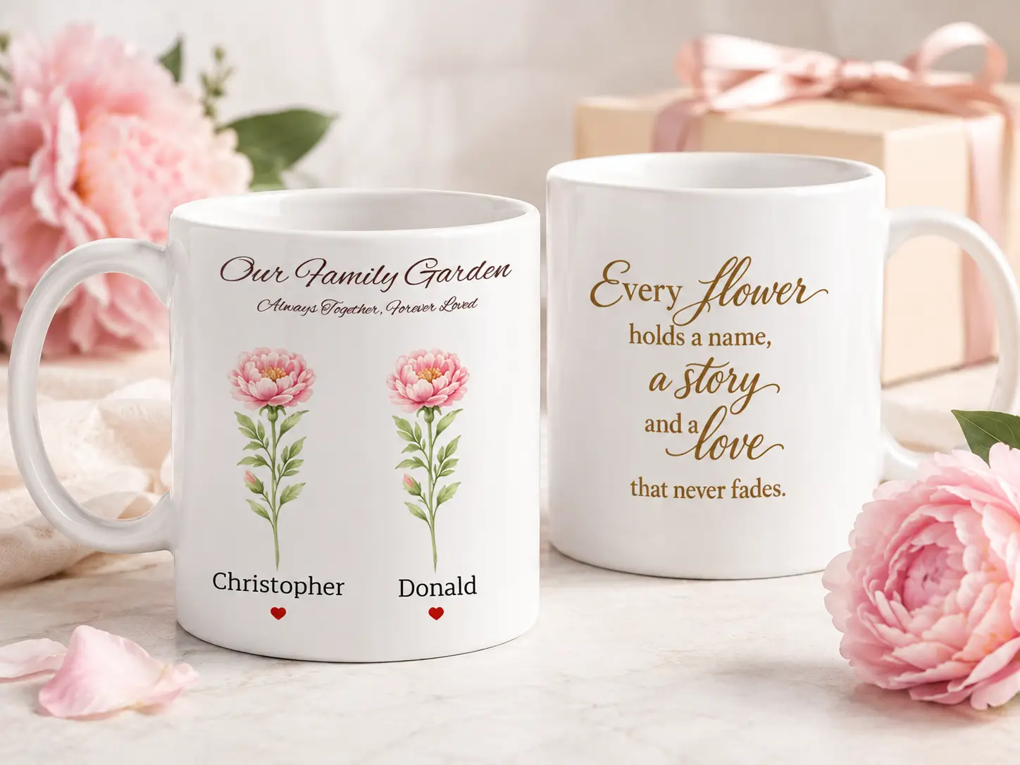 Two white personalized family garden mugs showing custom birth flowers and names on the front with a heartfelt quote on the back