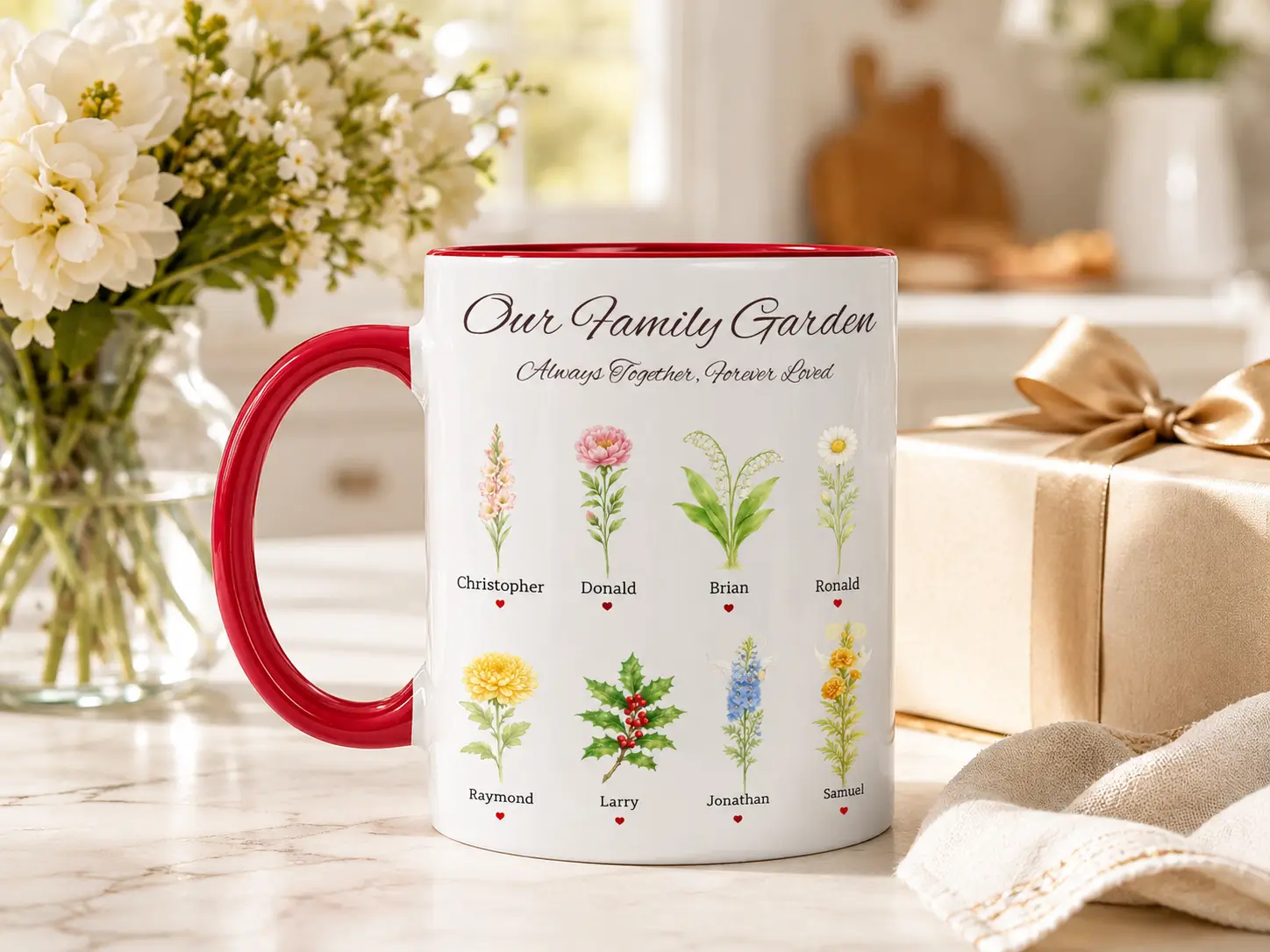 Personalized red handle family garden mug with eight custom birth flowers, names, red hearts and subtle memorial details