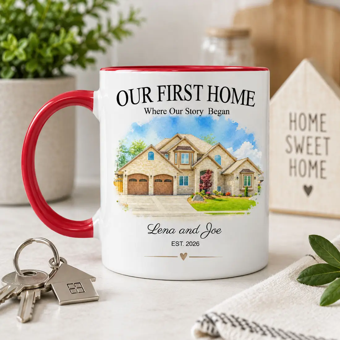 Personalized first home mug with red handle, watercolor house portrait, couple names and established date