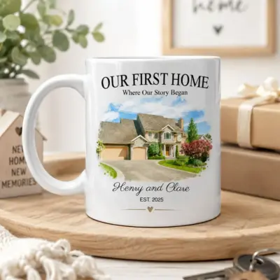 Personalized first home photo mug displayed with housewarming gifts, custom watercolor home portrait and couple names