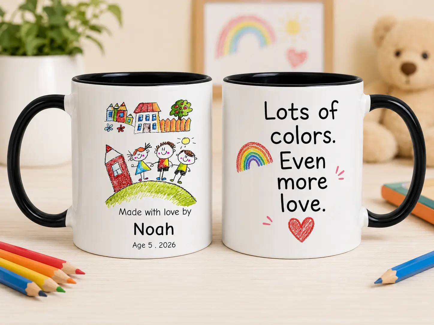 Personalized kids drawing mug with custom child artwork, Noah name, age and year on the front and a colorful love quote on the back