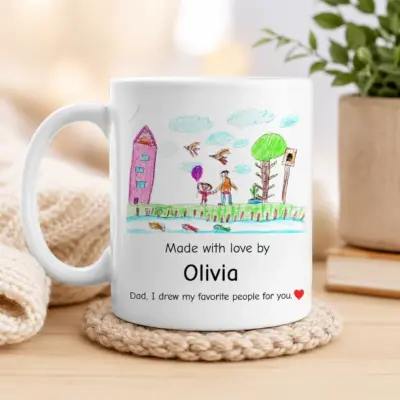 Personalized kids drawing mug with child artwork and custom name Olivia, unique gift for dad