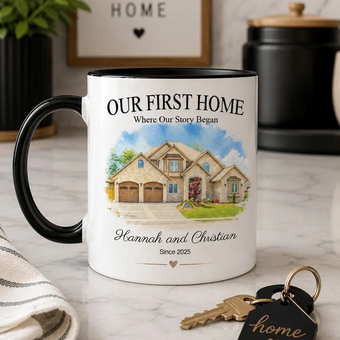Personalized new home mug with black handle, custom watercolor house portrait, names and special date