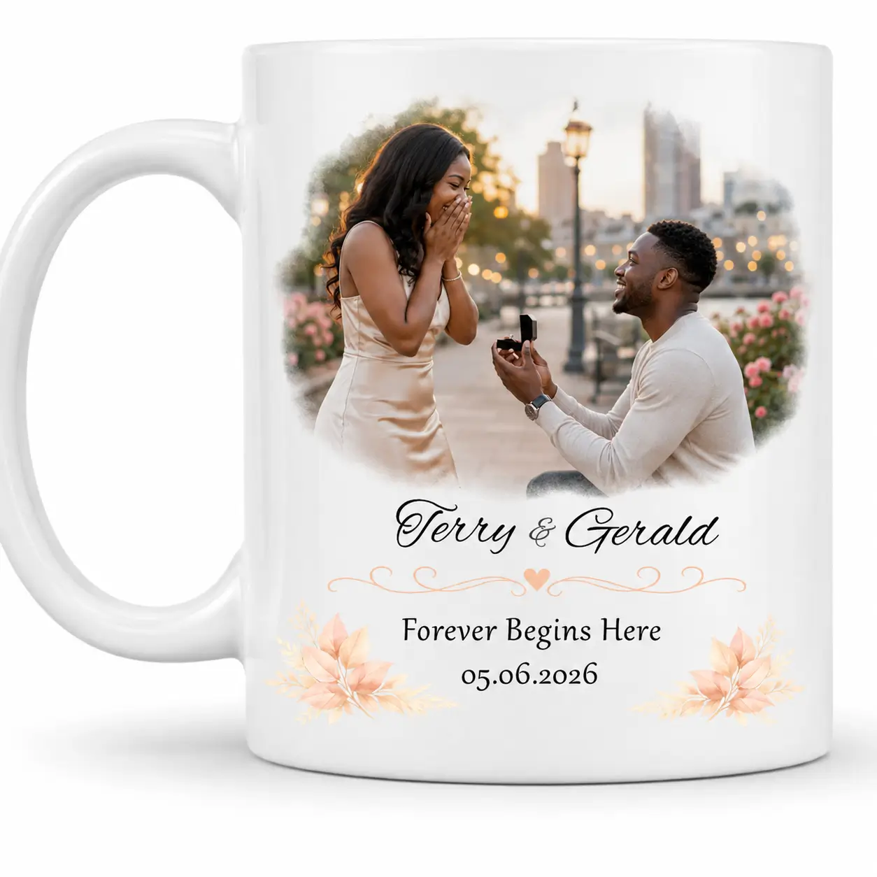 White ceramic mug with a personalized proposal photo, couple names , quote and date
