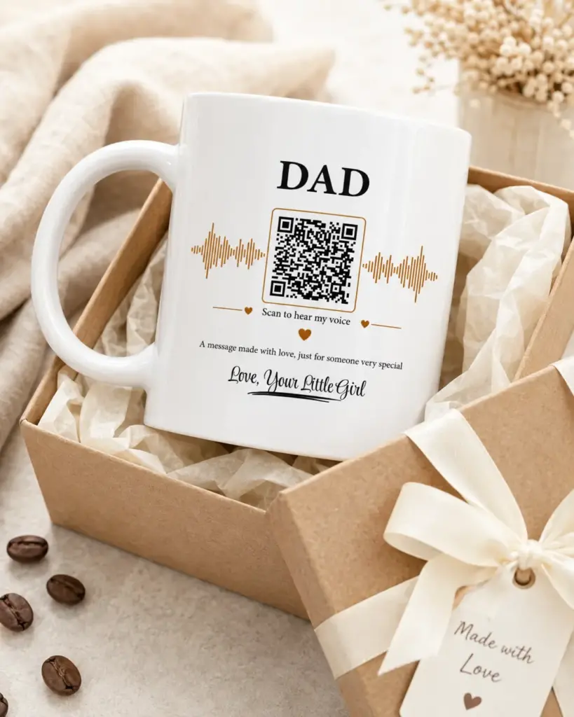 Personalized voice message mug for Mom with pink handle, QR code and elegant pink gift box
