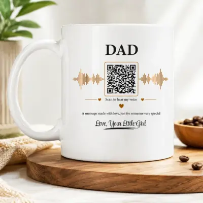Personalized voice message mug for Dad with QR code, audio waveform and custom message from his little girl