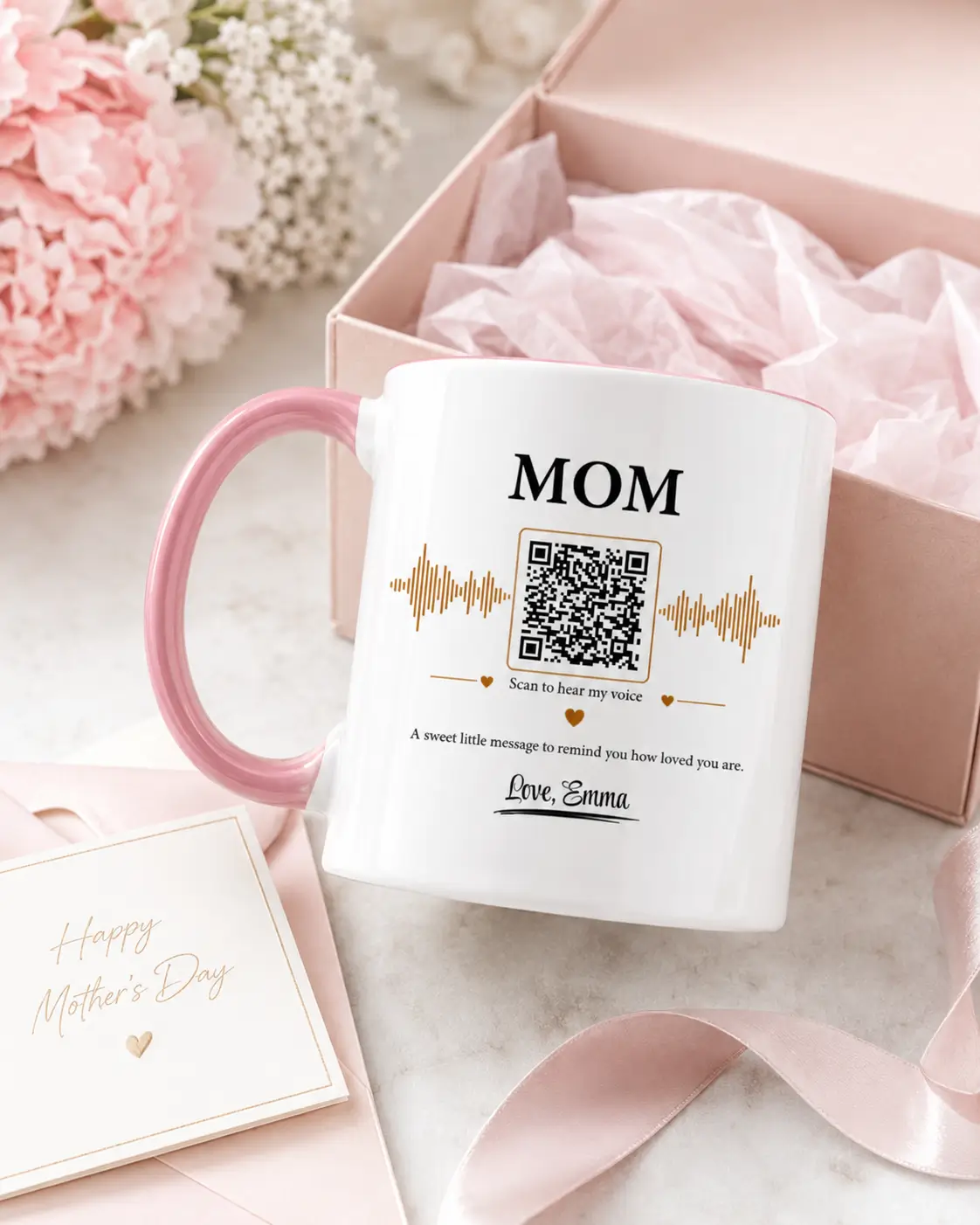 Personalized voice message mug for Dad with QR code displayed in a kraft gift box with ribbon and tissue paper