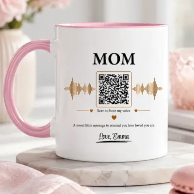 Personalized voice message mug for Mom with pink handle, QR code, audio waveform and custom message from Emma